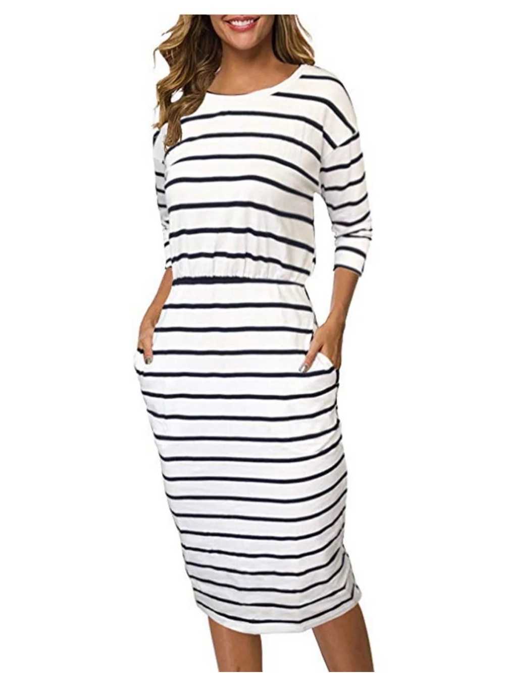 NWT✨ White & Black Striped Midi Dress with Pockets Synch Waistband 2XL